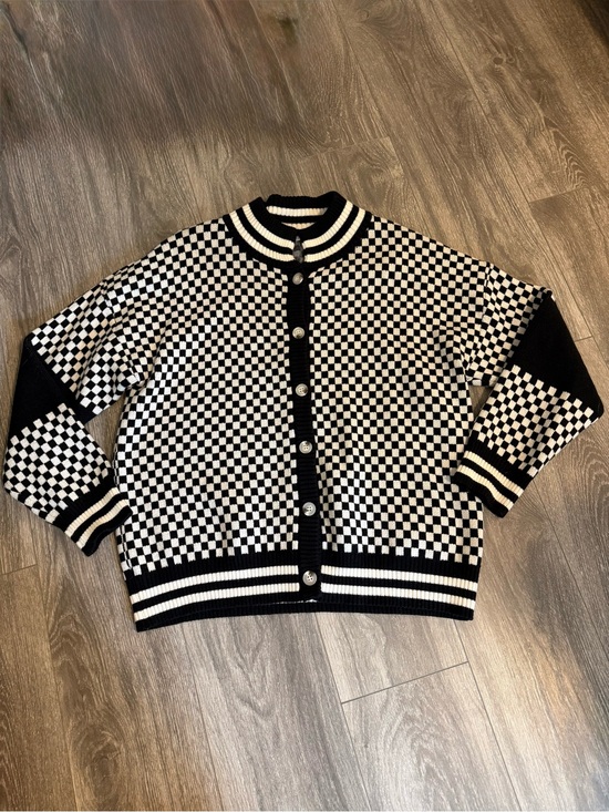 Sweaters - Black & White Checker Knit Cardigan Sweater